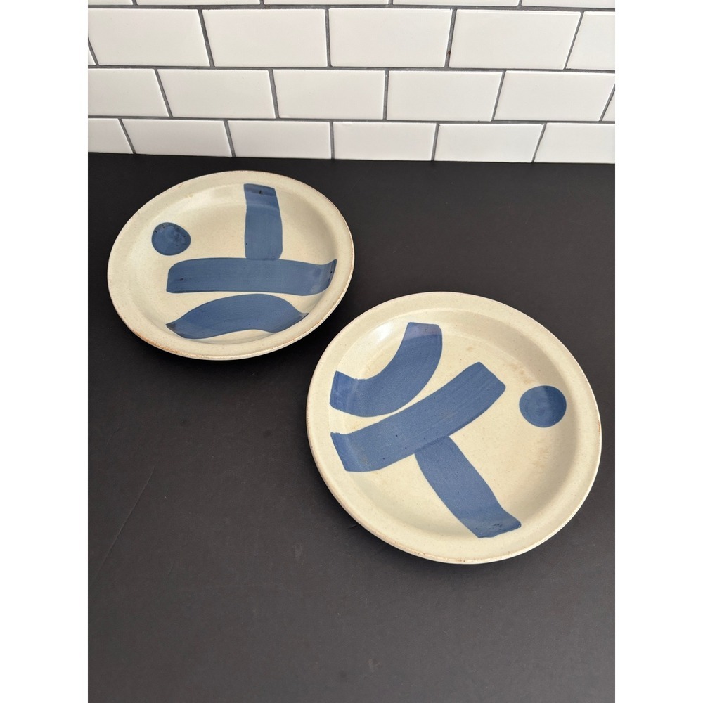 Vintage Iron Mountain Pottery Abstract Blue Stoneware Salad Plates Set of 2 8"